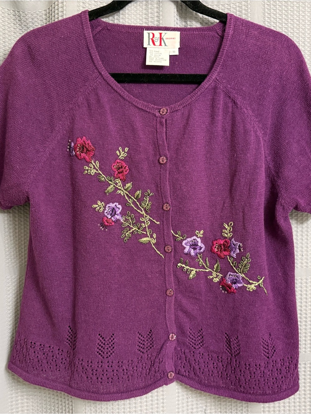 R&K Originals Vintage 90s Purple Floral Embroidered Cottagecore Cardigan Size 10